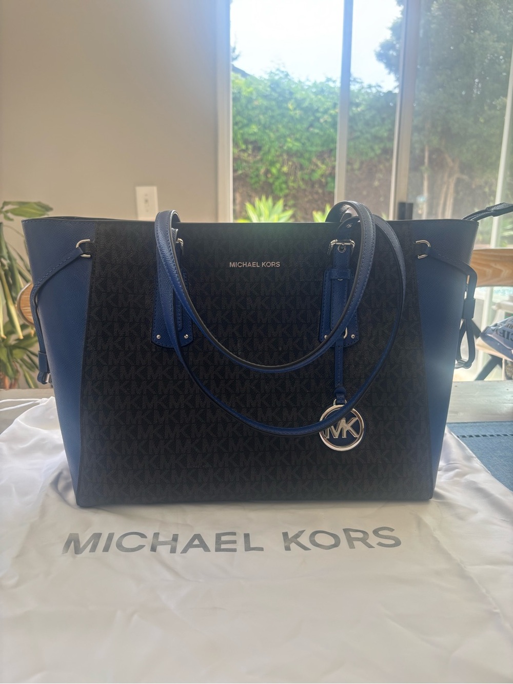 Michael Kors Navy and Black Signature Tote with MK Charm